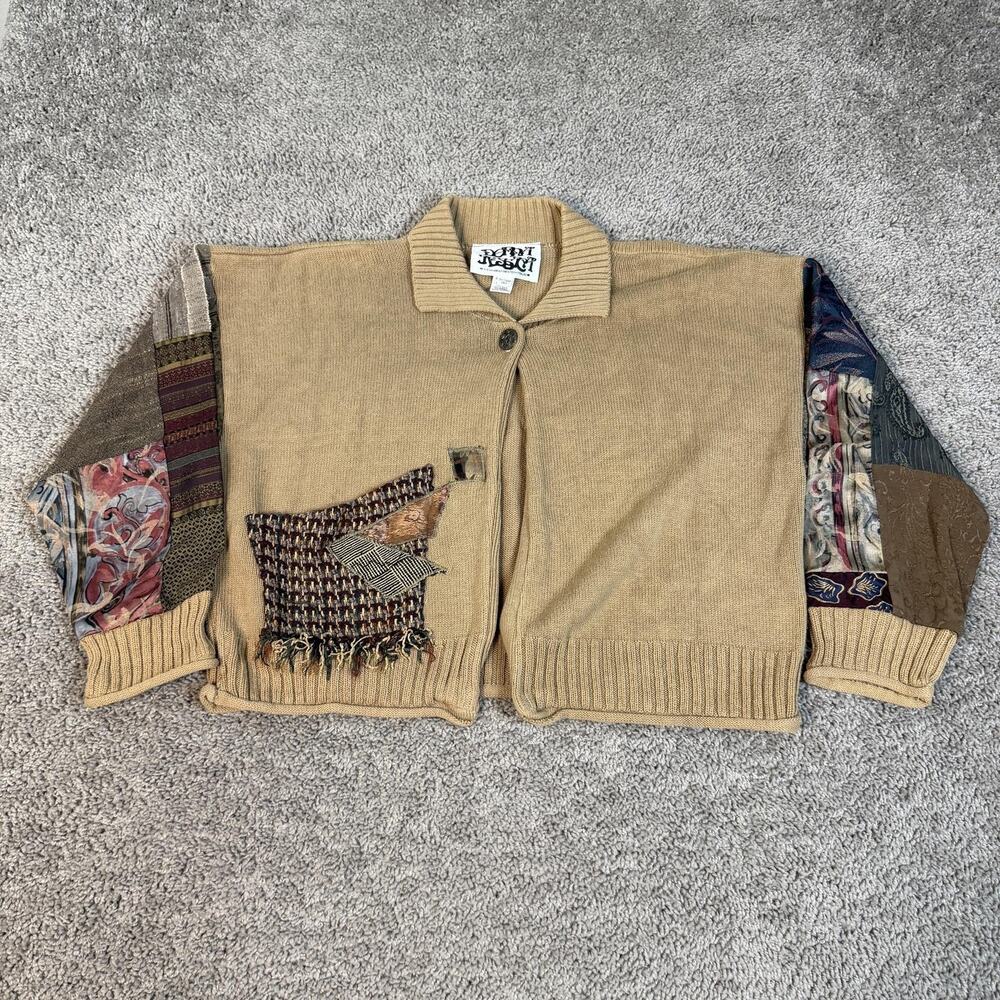 Donna Jessica Sweater Cardigan Womens L Beige Crop Patchwork Pockets Embroidered